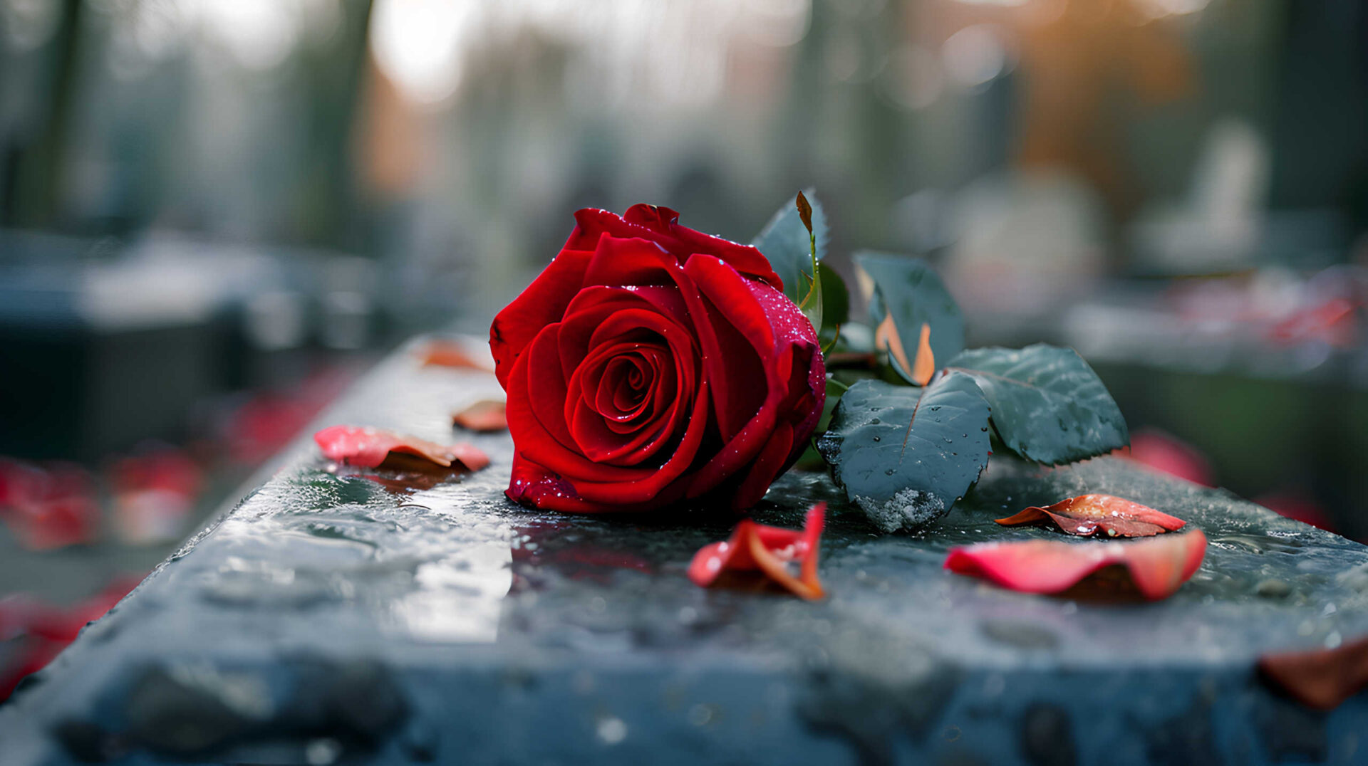 Czerwona róża leżąca na grobie